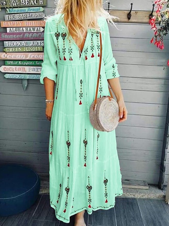 V Neck Women Floral Dresses Holiday Embroidered Floral Dresses
