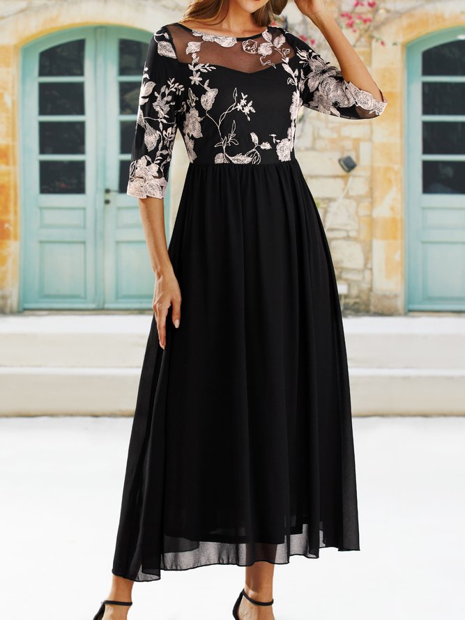 Women's A Line Dress Midi Dress Black Half Sleeve Elegant Floral Lace Crew Neck Modern Mature Occasion Dress