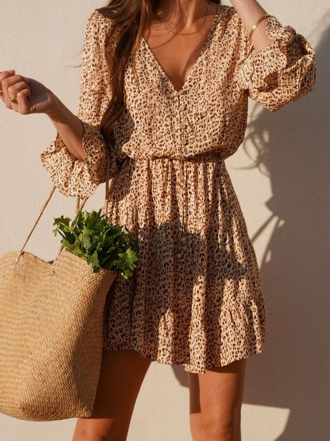 Ditsy Floral Long Sleeve V Neck Vintage Weaving Dress