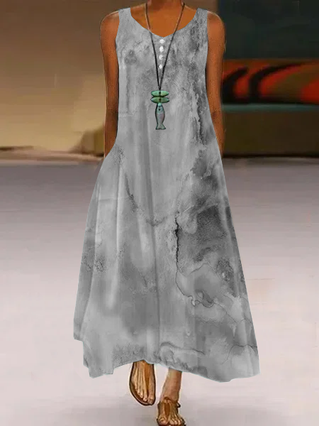 Women's Maxi Dress Sleeveless Abstract Printed Spring Summer Crew Neck Lightweight Dressy Dress