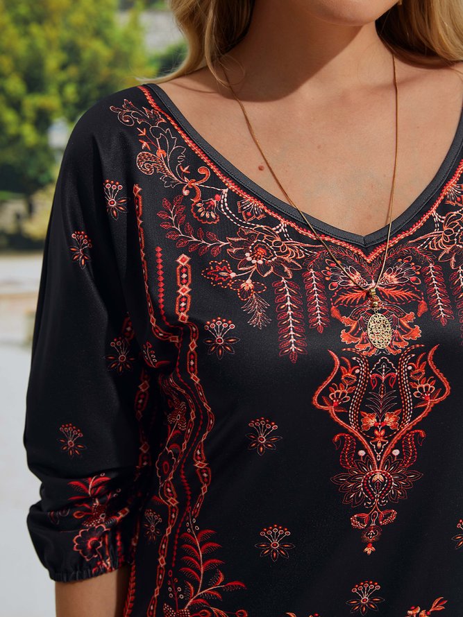 Casual Loose V Neck Ethnic Dress