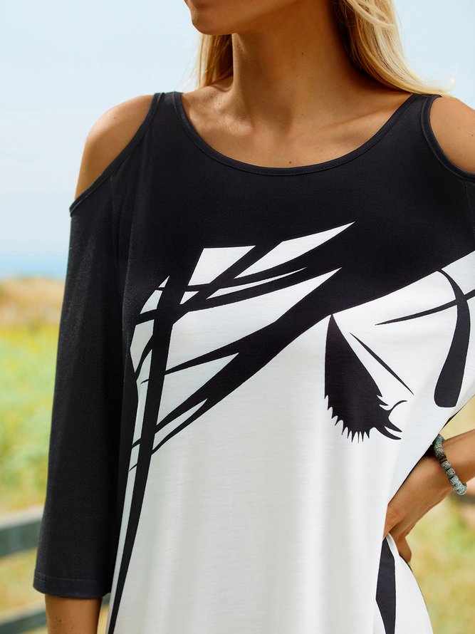 Abstract Printed Three Quarter Off The Shoulder Casual A-line Knitting Dress