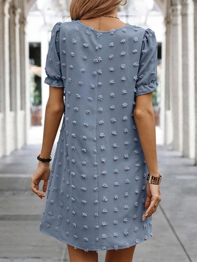Swiss Dot Lantern Sleeve Plain Simple V Neck Dress