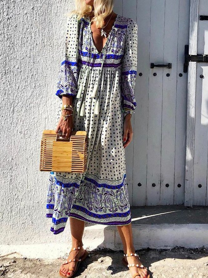 V-Neck Women Dress Daytime Boho Paneled Dress