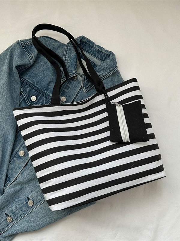 Contrast Color Stripe Tote Women's Shoulder Bag Coin Purse Large Capacity