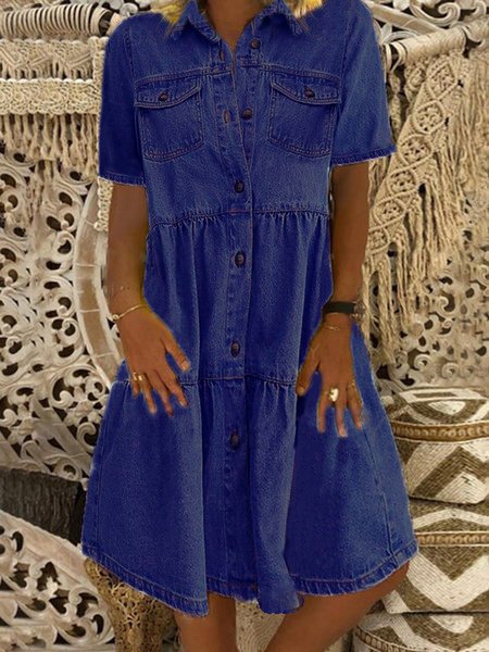 Sky Blue Denim Daily Casual Shirt Collar Short Sleeve Buttoned Pockets A-line Weaving Dress