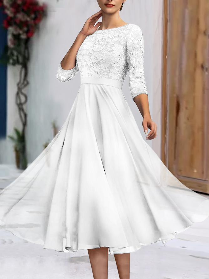 Wedding party Lace Chiffon zip seven Sleeve midi Prom Dress