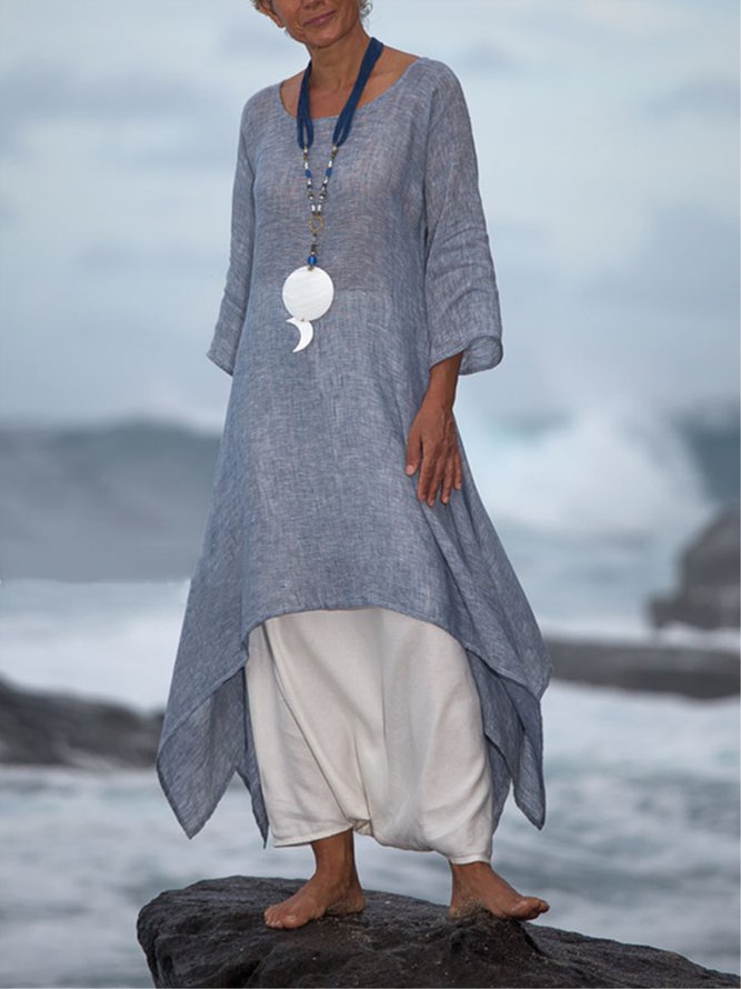 Women Summer Linen 3/4 Sleeve Daytime Crew Neck Asymmetric Dress