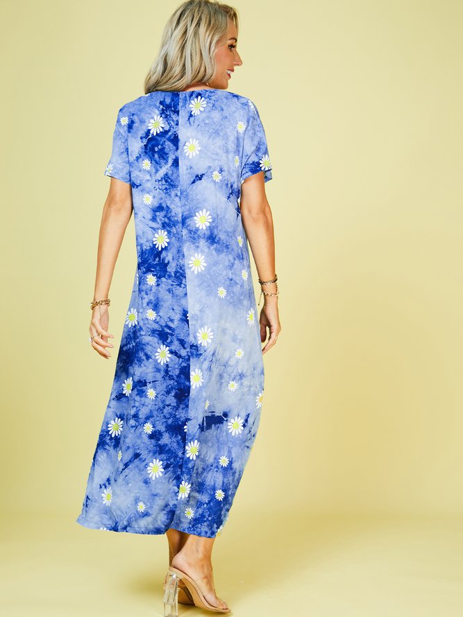 Blue Purple Ombre/tie-Dye Short Sleeve Shift Crew Neck Knitting Dress