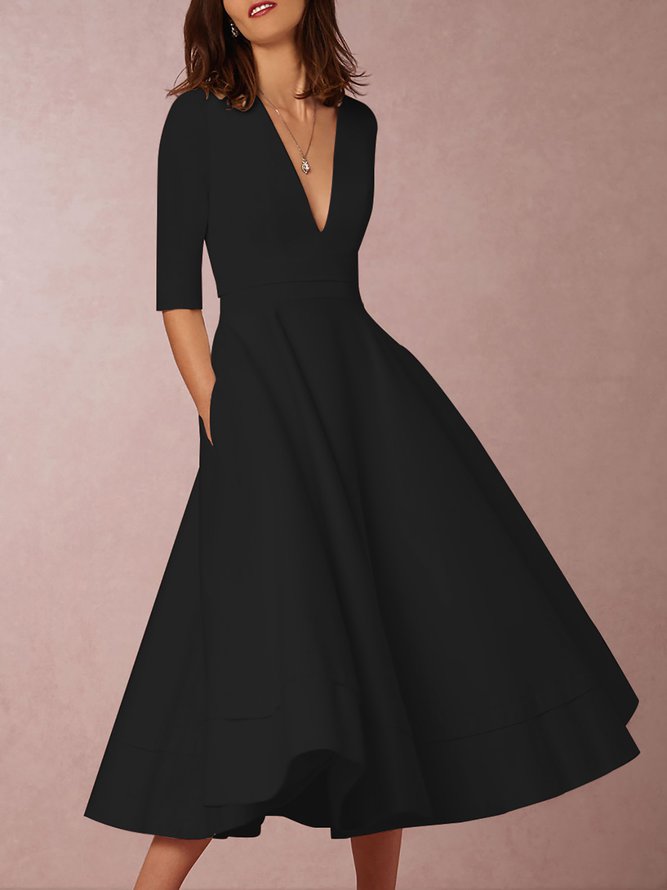 Women Deep V Neck 3/4 Sleeve Paneled Solid Elegant Swing Prom Dress