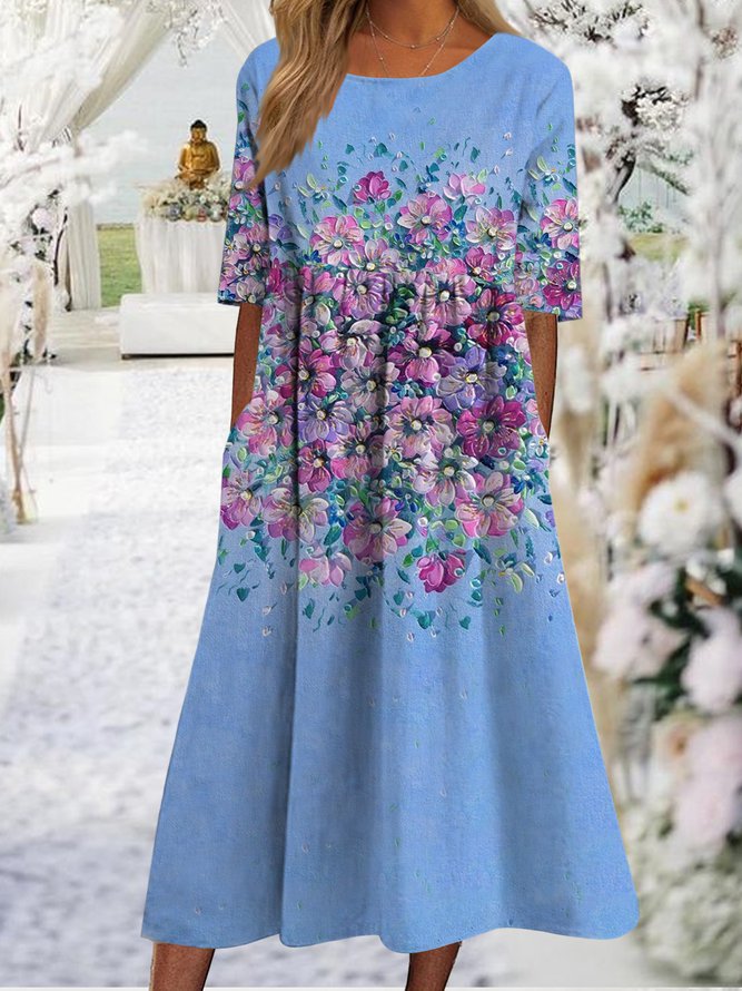 Oil painting flower gradient series X-shaped a-hem loose Long Dress Plus Size