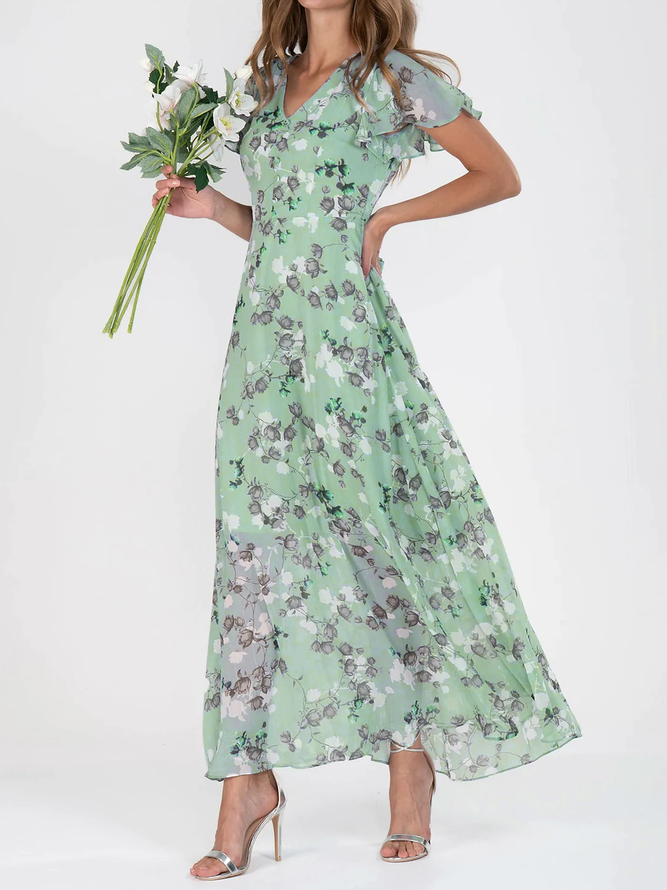 Women's Holiday sage green Dress Floral Chiffon Skirt Short Sleeve Floral Ruffle Spring Summer V Neck Fashion Daily Dating Vacation