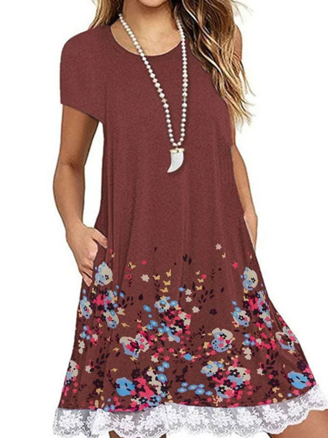 Crew Neck Women Knitting Dress Shift Daily Casual Floral Knitting Dress