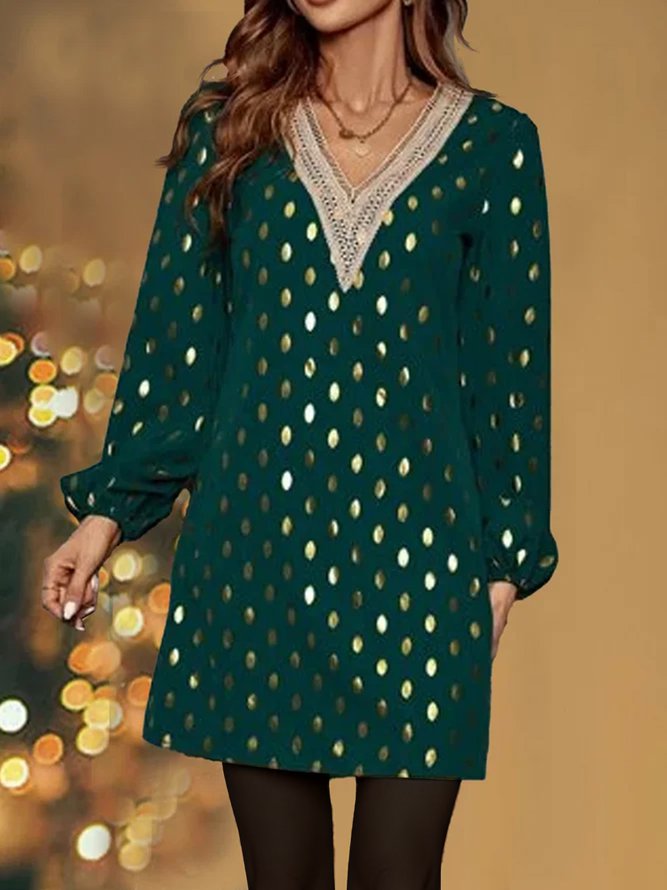 Gold Dot Print Guipure Lace Panel Lantern Sleeve Dress