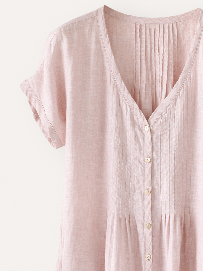 Cotton-Blend V Neck Casual Dress