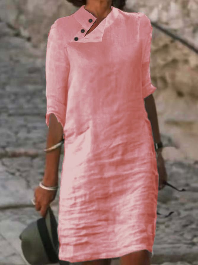Women Plain Button Detail Casual Cotton And Linen Dress