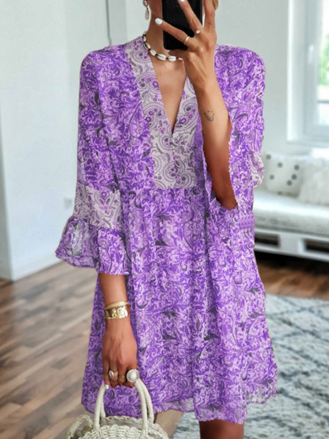 V Neck Women Dresses Date Cotton Smock Dress