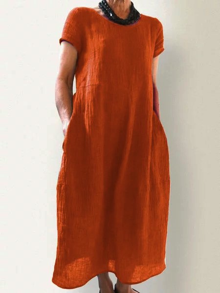 Summer Pockets Round Neck Shift Linen Dresses