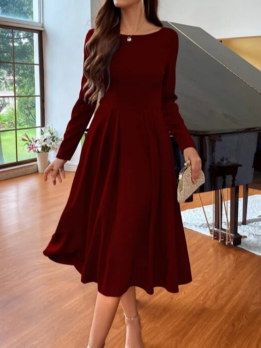 Women Simple Red Long Sleeve Formal Fitted Evening Occassion Long Dress