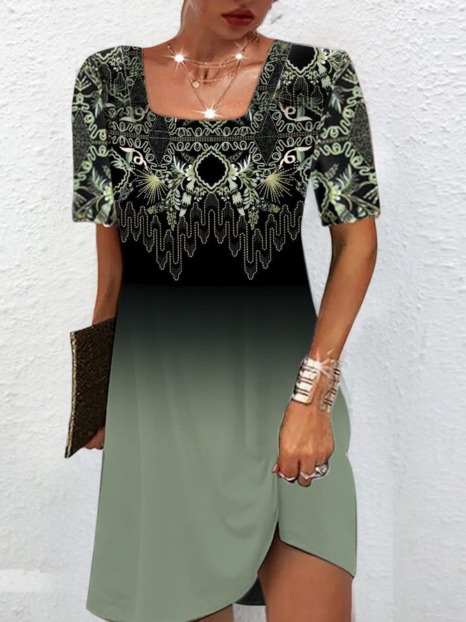 Casual Ethnic Ombre Design Square Neck Knit Dress