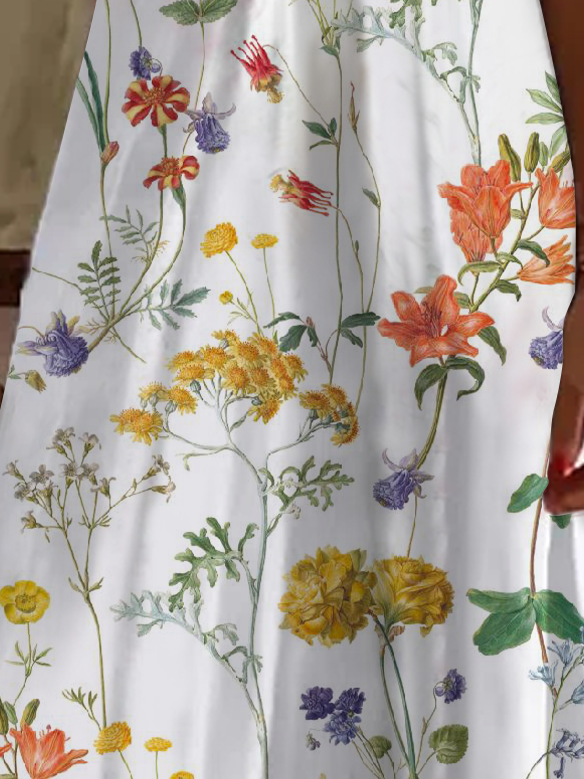 Loose Floral V Neck Casual Dress With No