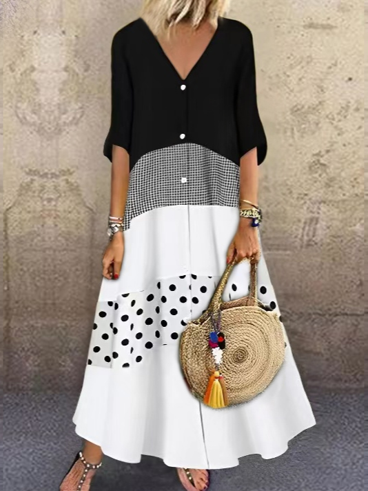 V Neck Colorblock Buttoned Vacation Casual Midi Prom Dress
