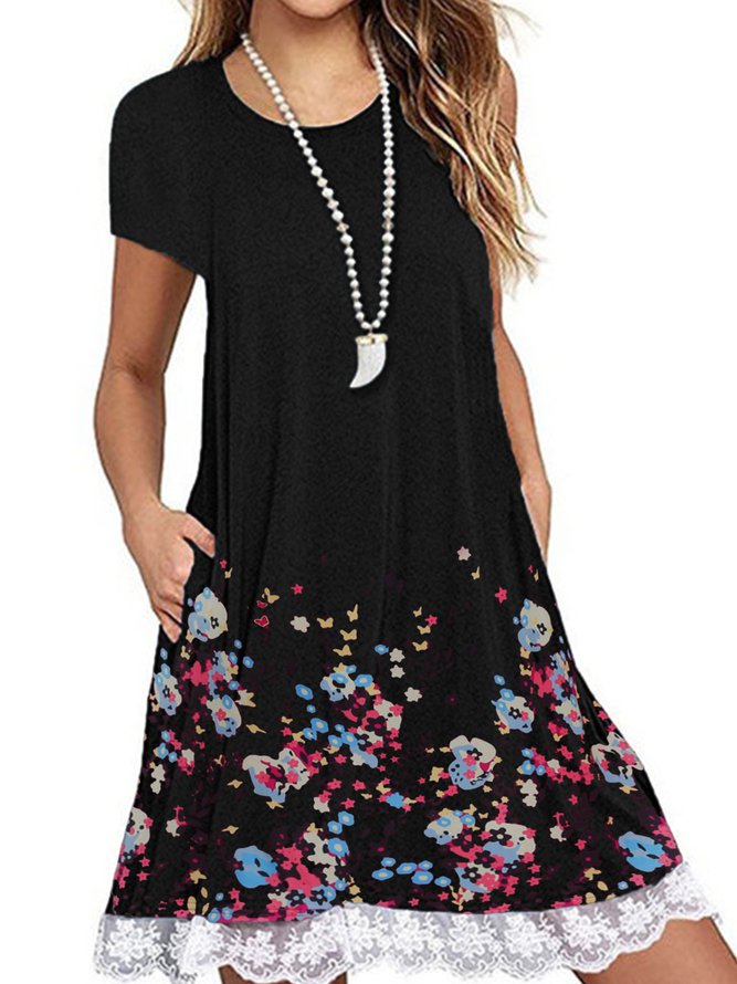Crew Neck Women Knitting Dress Shift Daily Casual Floral Knitting Dress