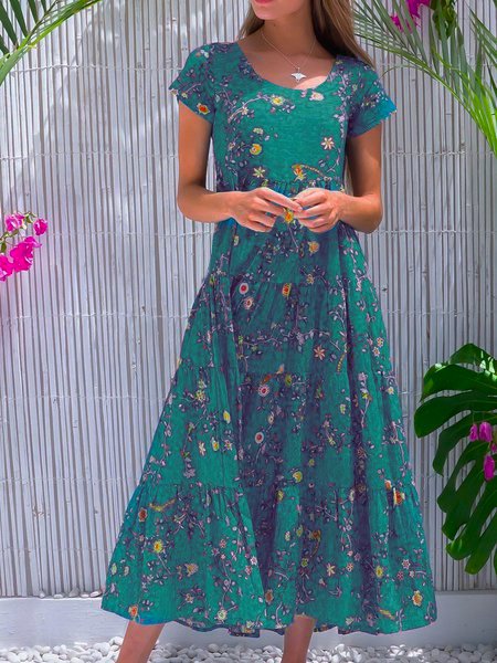 Blue Cotton-Blend Sleeveless Casual Weaving Dress