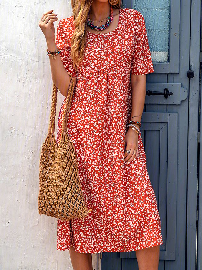 Ditsy Floral Printed Crew Neck Pockets Short Sleeve Casual Midi Shirt Dress