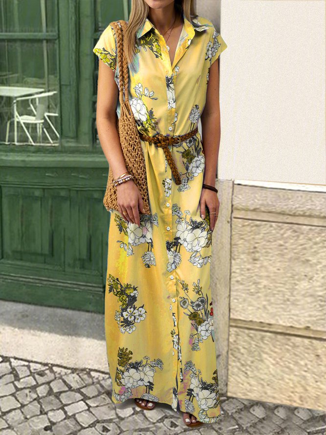 Shirt Collar Women Weaving Dress Shift Daily Cotton-Blend Floral Weaving Dress