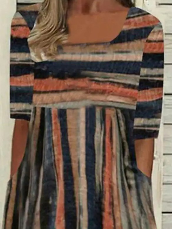 Women's A Line Midi Dress Half Sleeve Line Print Square Neck Elegant Modern