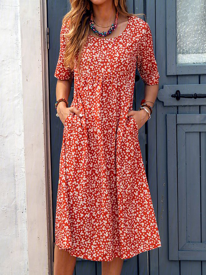 Ditsy Floral Printed Crew Neck Pockets Short Sleeve Casual Midi Shirt Dress