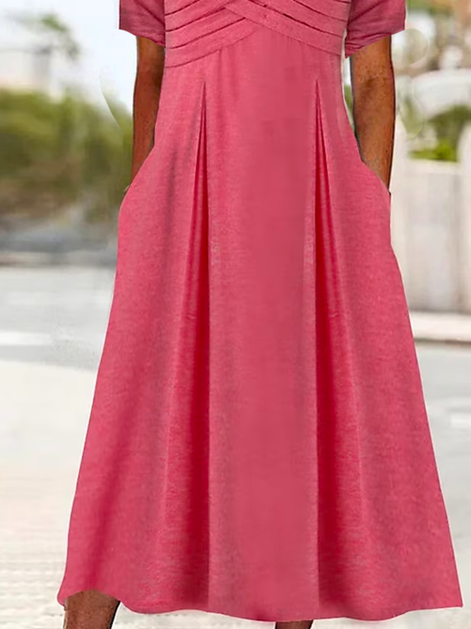 Plain V Neck Loose Casual Plain Pocket Knot Front Dress