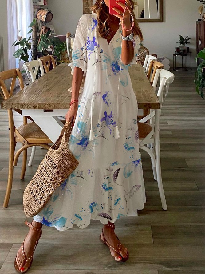 Women's Shift Dress Maxi Dress half Sleeve Floral Print Summer Fall V Neck Casual Dress