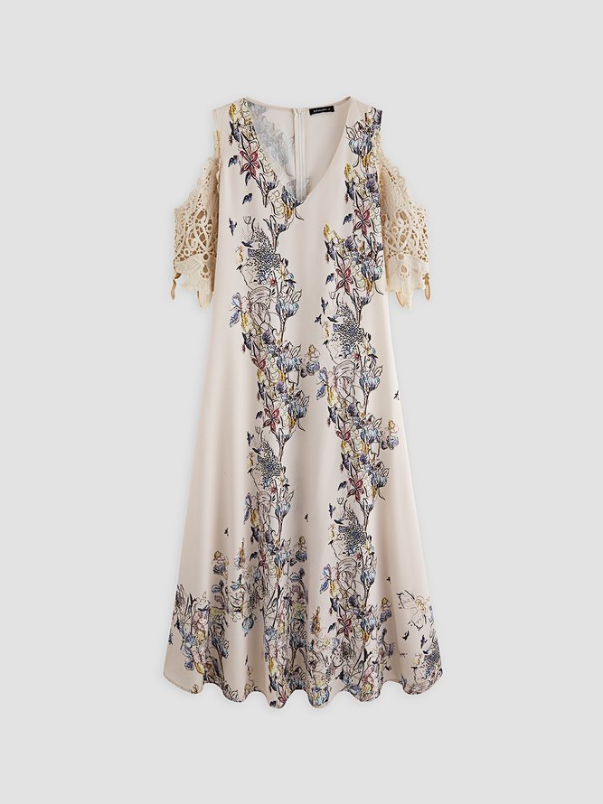 V neck Off Shoulder Butterfly Floral Vacation Maxi Prom Dress