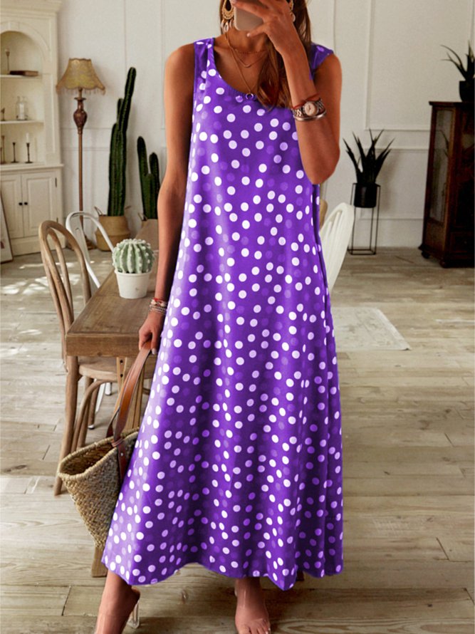Round Neck Women Summer Weaving Dress Printed Polka Dots Midi Weaving Dress