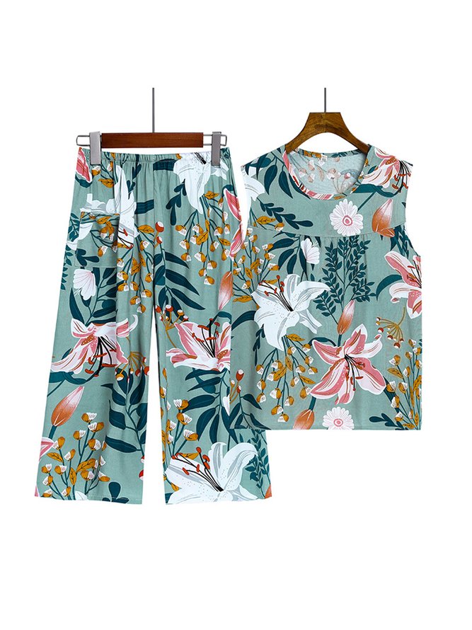 Breathable Elegant Floral Casual Loose Pajama Set