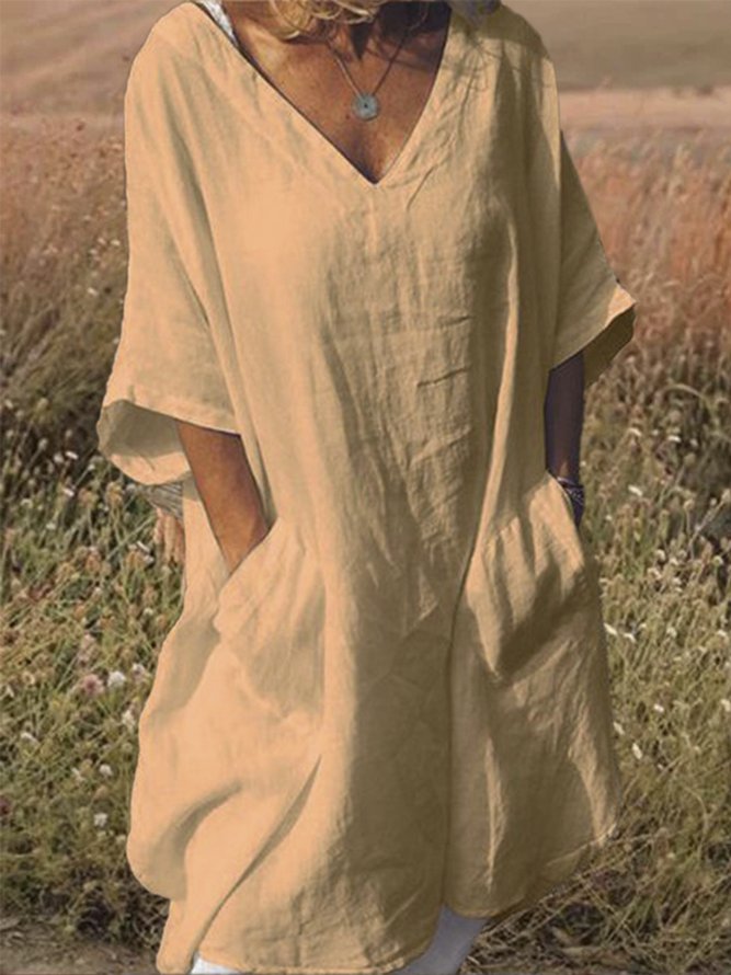 Plus Size Casual V Neck Half Sleeve Pockets Dresses
