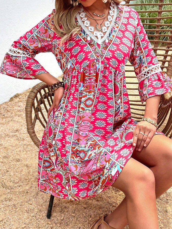 Womens V Neck Ethnic Boho Dress