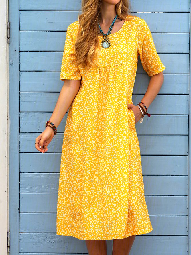 Ditsy Floral Printed Crew Neck Pockets Short Sleeve Casual Midi Shirt Dress