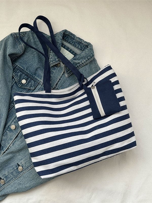 Contrast Color Stripe Tote Women's Shoulder Bag Coin Purse Large Capacity