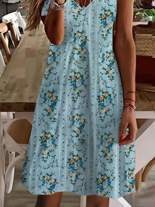 Casual Loose Floral V Neck Dress