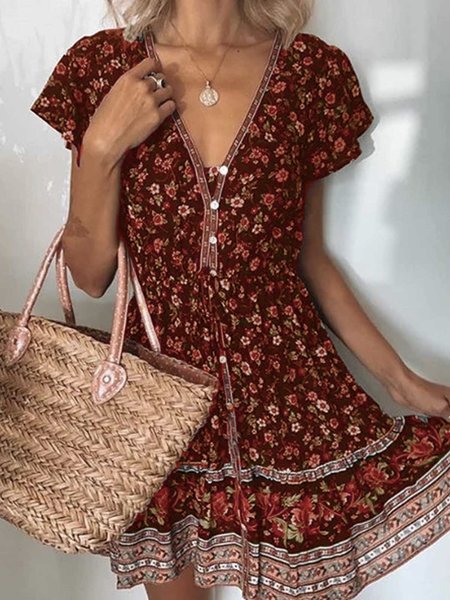 V Neck Casual Floral Weaving Dress