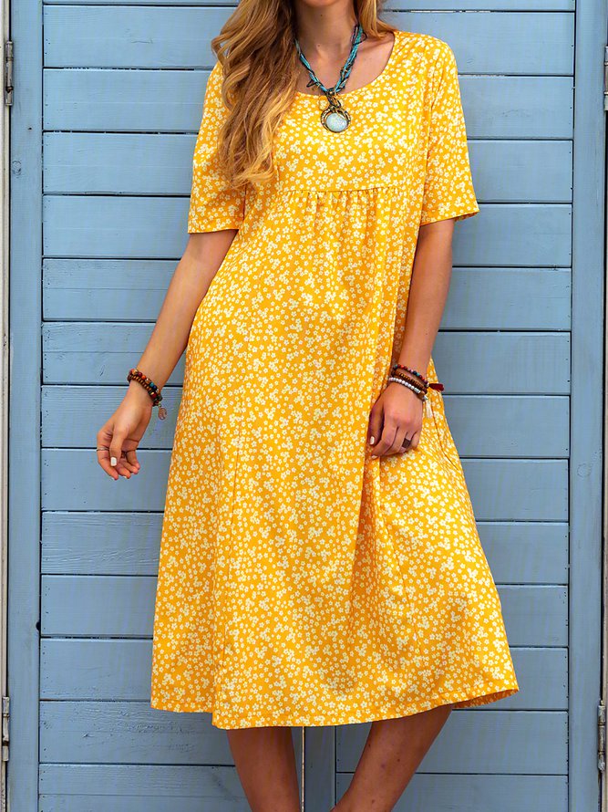 Ditsy Floral Printed Crew Neck Pockets Short Sleeve Casual Midi Shirt Dress