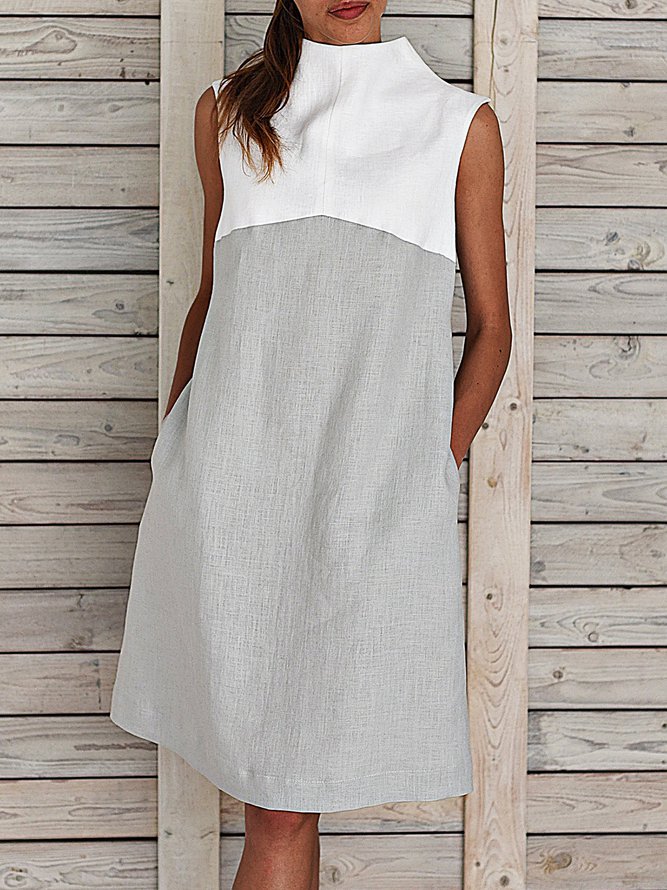 Plus Size Midi Weaving Dress Women Summer Shift Sleeveless Turtleneck Paneled Weaving Dress