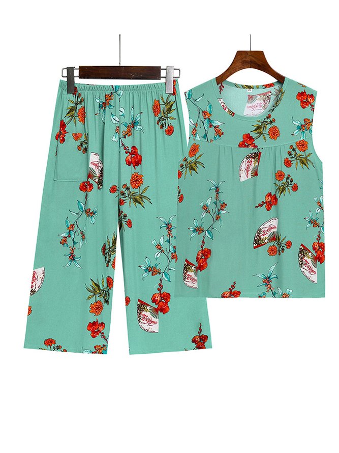 Breathable Elegant Floral Casual Loose Pajama Set
