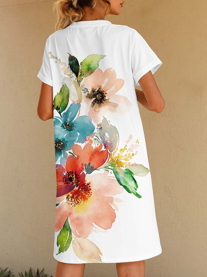 Crew Neck Floral Printed Casual Simple Midi Dresses