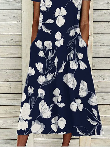 Round Neck Floral Casual Midi Dress