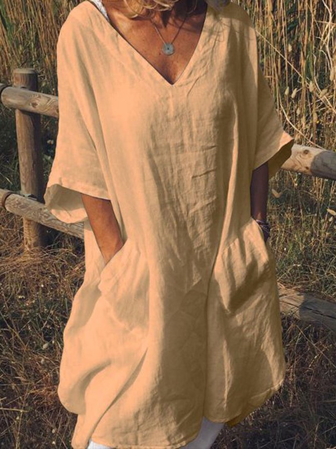 Plus Size Casual V Neck Half Sleeve Pockets Dresses