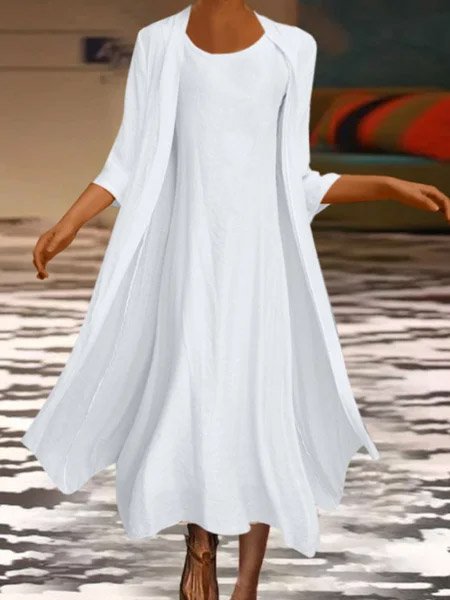 2PCS Round Neck Solid Casual Dress & Cardigan